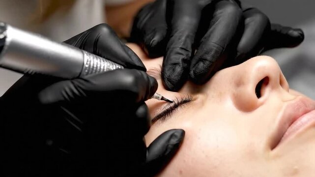 Close Up Portrait of a Woman Receiving Permanent Makeup on Eyebrows with a Microblading Device by a Technician Wearing Black Gloves Detailed Shot of Cosmetic Procedure on Light Skin