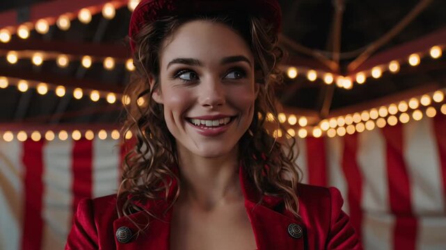Smiling woman in red top hat in circus tent.