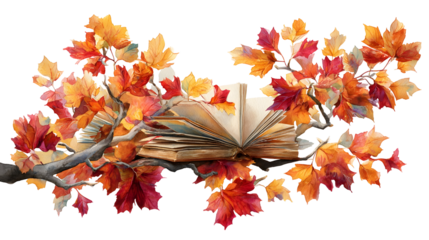 Autumn leaves and open books on tree branch - nature and knowledge concept