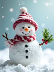 A snowman with a carrot nose and coal eyes, wearing a red and white striped hat and scarf. It holds pine needles and red berries in its hand against a soft, snow-dusted background, creating a serene, 