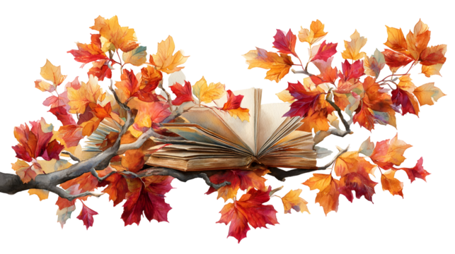 Autumn leaves and open books on tree branch - nature and knowledge concept