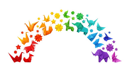 Rainbow origami animals arch — cranes, fox, elephant and butterflies in playful paper craft