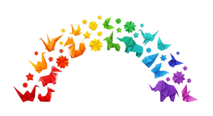 Rainbow origami animals arch — cranes, fox, elephant and butterflies in playful paper craft
