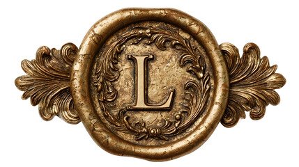 Ornate golden wax seal design with embossed letter l and decorative flourishes