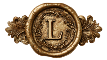 Ornate golden wax seal design with embossed letter l and decorative flourishes
