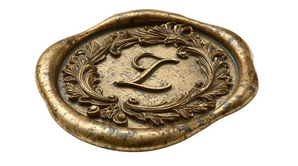 Ornate golden wax seal with embossed letter l surrounded by intricate floral details
