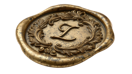 Ornate golden wax seal with embossed letter l surrounded by intricate floral details
