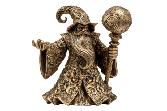 Ornate golden wizard statue with flowing beard and intricate details