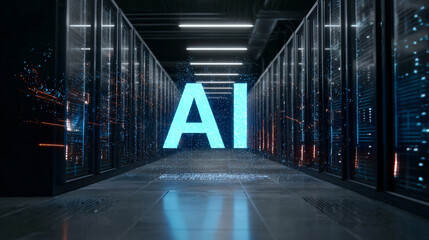 AI processor chip in futuristic data center server room with modern technology architecture