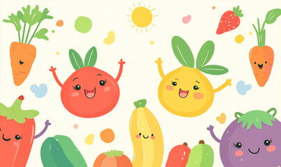 Colorful cartoon fruits and vegetables celebrating in a cheerful environment playful illustration whimsical design joyful vibes