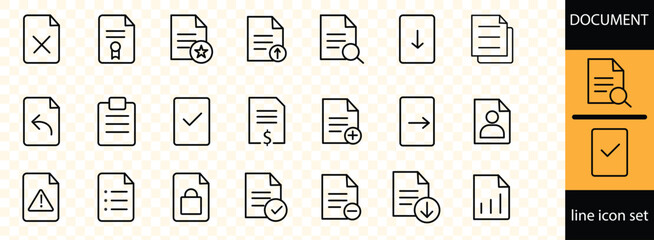 Document line icons set .featuring download, archive, document flow, printer, legal document, checklist, folder, cupboard, file progressing