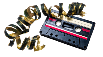 Retro cassette tape with unraveled ribbon on black background