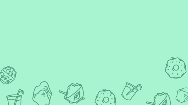 Seamless pastel background animation with doodle desserts, donuts, and drinks forming frame with center copy space.