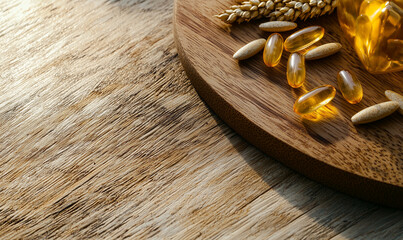 Nutritional supplement benefits kitchen table food photography natural setting close-up view health and wellness