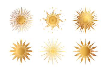 Collection of golden sun symbols for modern graphic design projects