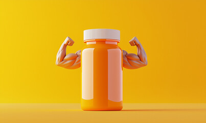 Boost your strength vitamin supplement bottle with muscular arms bright orange background 3d render vibrant concept