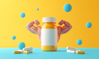 Strengthening health with muscle-promoting supplements studio setting 3d illustration energetic environment front view wellness concept