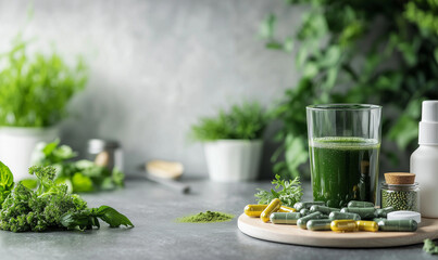 Nutritional supplements and health drinks kitchen counter food photography natural environment close-up view wellness concept