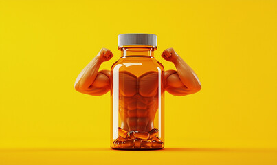 Fitness supplement action creative visuals studio environment dynamic perspective muscle growth concept
