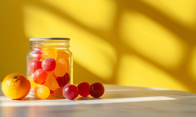 Colorful fruit display in jar bright yellow background food photography natural light close-up view vibrant colors