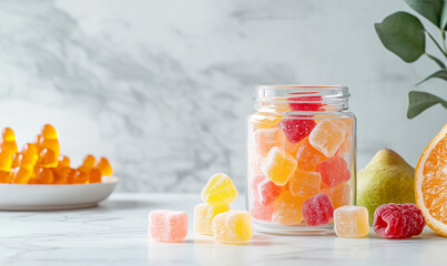 Colorful fruit gummies in a jar kitchen table still life photography bright and brightly lit freshness and fun