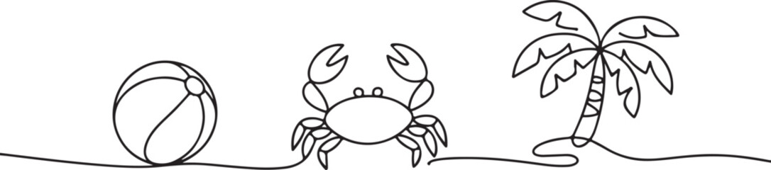 Continuous Line Beach Vector  One Line Drawing of Palm Tree, Crab, and Ball