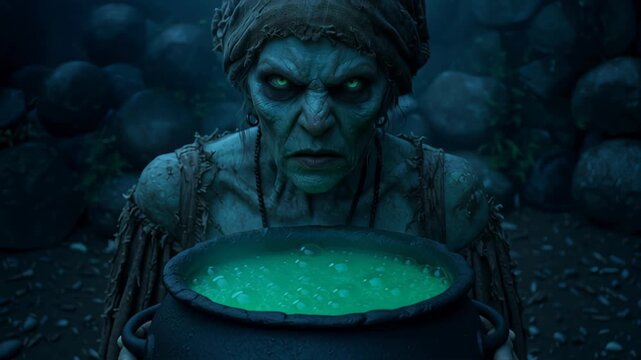 Creepy witch brews glowing green potion in cauldron.