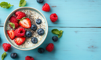 Delicious berry yogurt bowl kitchen counter food photography bright setting top down view healthy breakfast concept