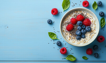 Healthy breakfast bowl with fresh berries and chia seeds bright blue background food photography natural ingredients top view nutrition concept