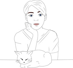 Thoughtful girl with cat at the table