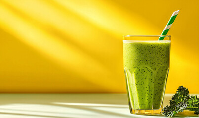 Refreshing kale green smoothie recipe kitchen beverage bright yellow background close-up view healthy lifestyle