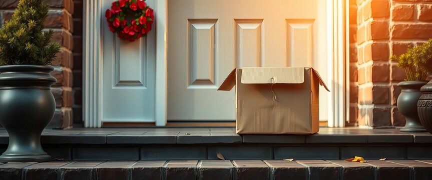 A cardboard box sits on a doorstep, awaiting retrieval,   shipping label,   front door