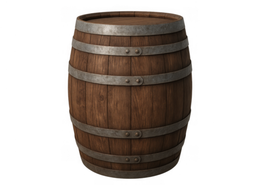 Wooden barrel with metal hoops, symbolizing wine, beer, and alcohol aging, storage, and vintage craftsmanship with a transparent background