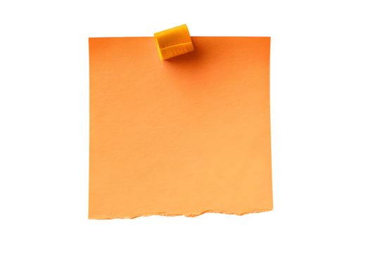 Square orange paper note with ripped edge and sticky tape on black background