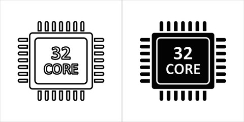 32 core processor chip icon, black and white