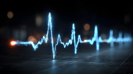 A luminous blue electrocardiogram (ECG) trace displays a steady heartbeat rhythm across a dark blue digital grid, symbolizing health and medical technology