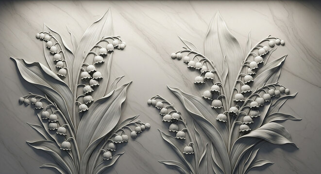 Delicate Lily of the Valley 3D Relief Mural with Marble Background. 3D Wall Mural. floral landscapes. 3d floral art, floral wallpaper, Luxurious textile tile wall art