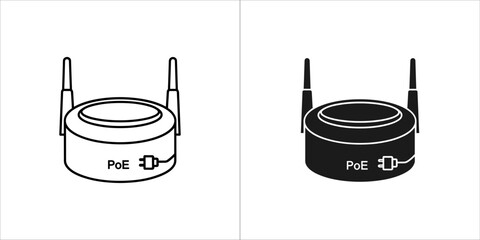 Two icons of a circular wireless router with poe label, one outlined and one filled