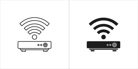 Line art and solid black icon of a router with wifi signal