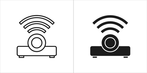 Two icons of a wireless projector, one outlined and one solid black, on a