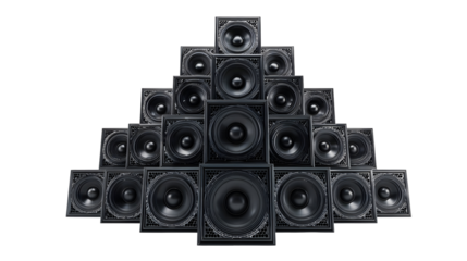 Pyramid of black audio speakers for music and sound design