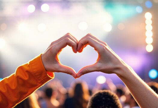 Hands forming a heart shape at a vibrant concert, symbolizing love and connection - Powered by Adobe