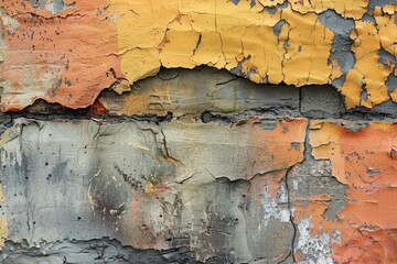 Obraz premium Close up of a weathered wall revealing layers of peeling paint and cracked bricks, showcasing textures and colors of decay