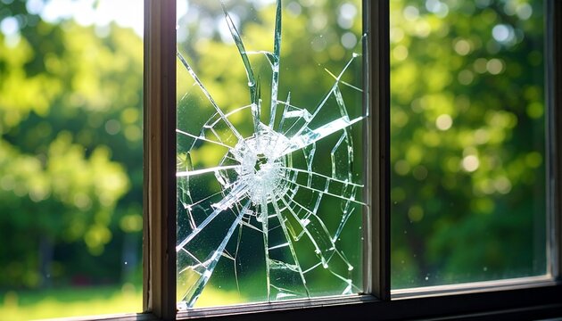 割れた窓ガラスに広がるヒビ模様