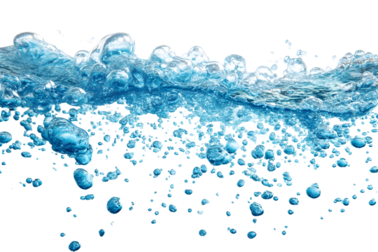 Blue bubbles rising in clear water concept for nature and purity design