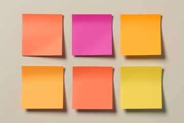 Six colorful sticky notes arranged on a wall, ready for brainstorming and reminders