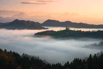Sveti Tomaz church in a beautiful Slovenia during sunrise. Professional landscape photography of St. Tomas church in Slovenian Alps