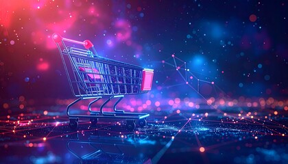 Shopping cart amidst a futuristic, digital landscape with glowing lines and bokeh, simulating online retail concept