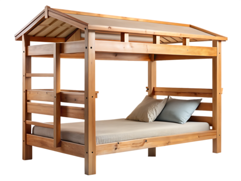 Wooden Bunk Bed With Roof isolated on White Background ,PNG. AI Generated  - Powered by Adobe