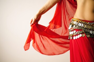 Woman in a red belly dance costume gracefully moving with flowing fabric